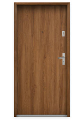 Drzwi do bloku pełne gładkie bez wzorów kolor dębu wizjer klamka dwa zamki aluminiowy próg do drzwi mieszkaniowych